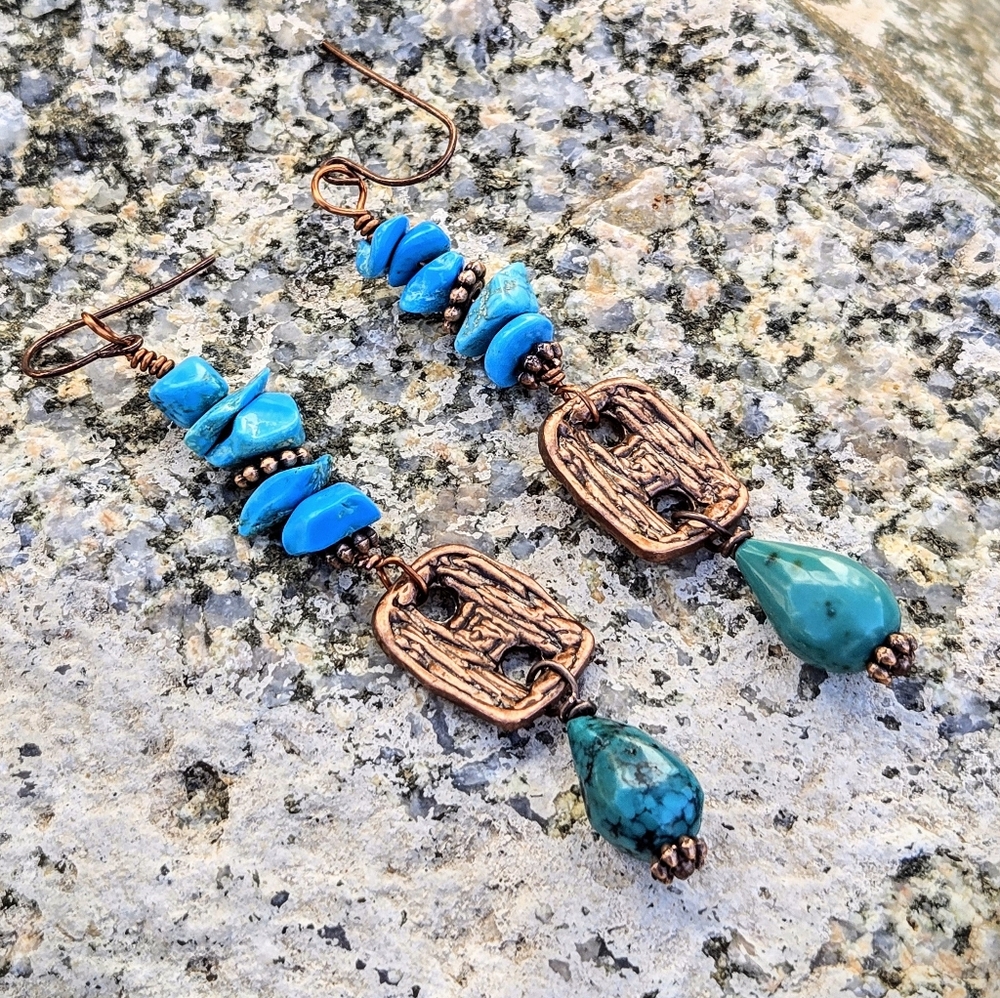 Anasazi-Inspired Southwest Blue Green Turquoise On Antique Copper Earrings